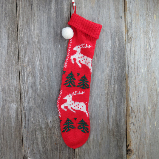 Vintage Knit Christmas Stocking Reindeer Tree Red Green Chunky ST106 - At Grandma's Table