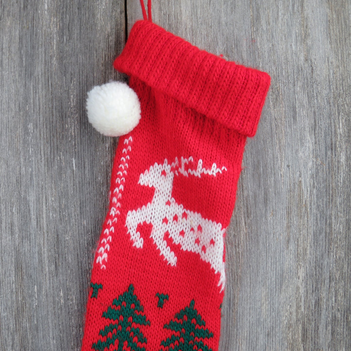 Vintage Knit Christmas Stocking Reindeer Tree Red Green Chunky ST106 - At Grandma's Table