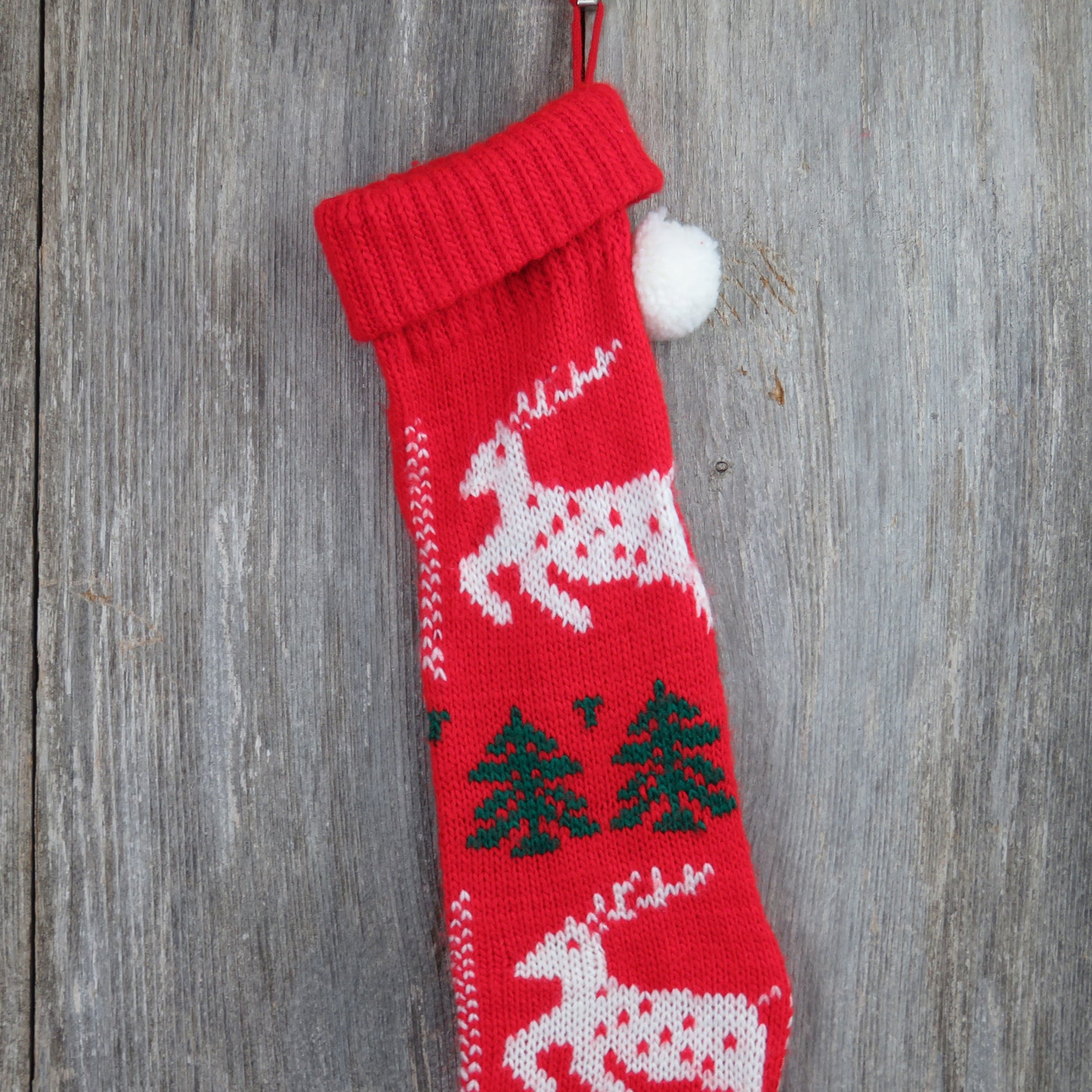 Vintage Knit Christmas Stocking Reindeer Tree Red Green Chunky ST106 - At Grandma's Table