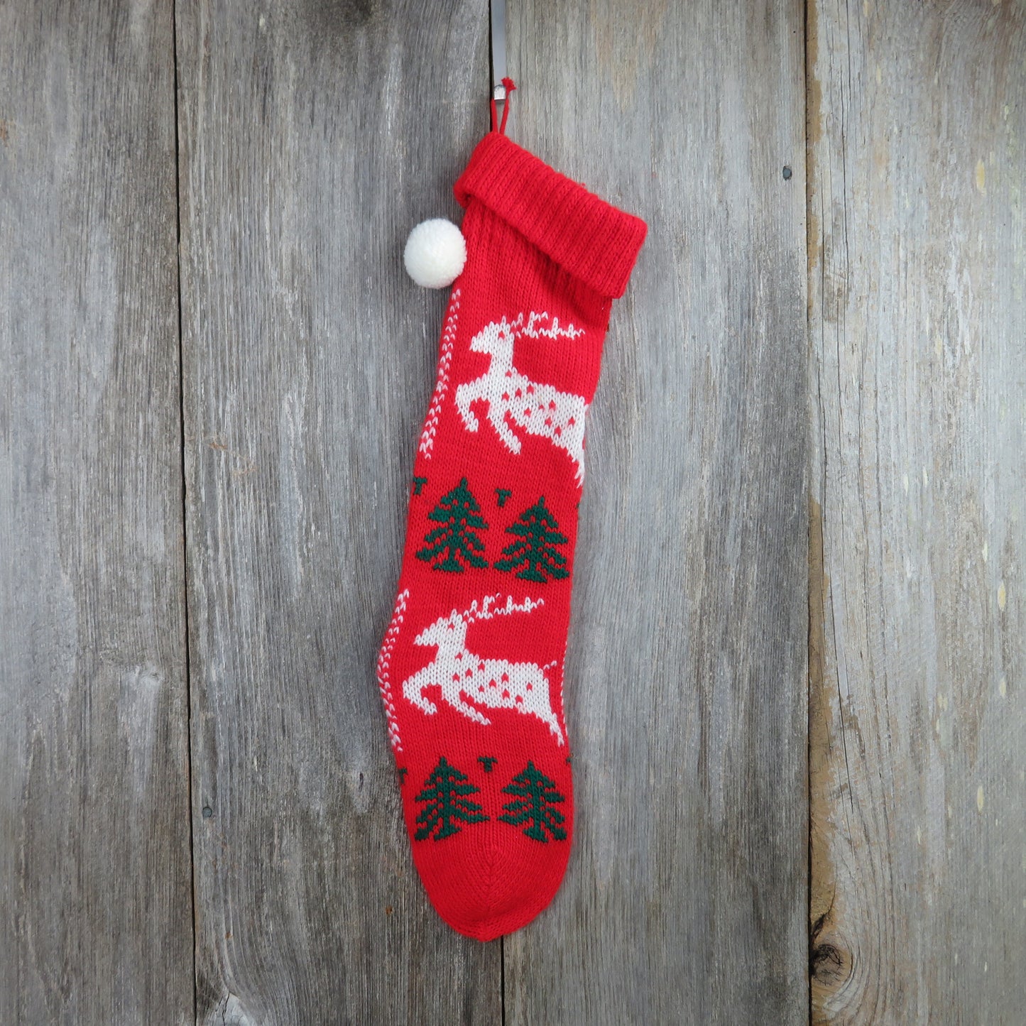 Vintage Knit Christmas Stocking Reindeer Tree Red Green Chunky ST106 - At Grandma's Table