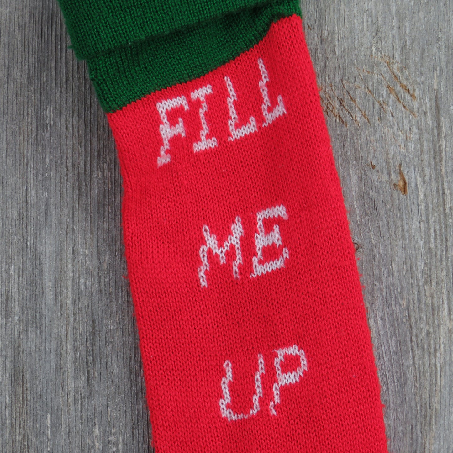 Vintage Knit Christmas Stocking Fill Me Up To The Top Please Red White Green - At Grandma's Table