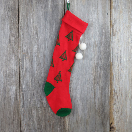 Vintage Knit Christmas Tree Stocking Kurt Adler Red White Green Knitted Pom Pom - At Grandma's Table