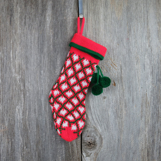 Vintage Mini Argyle Christmas Stocking Knitted Knit Red Green Pet Gift Bag - At Grandma's Table