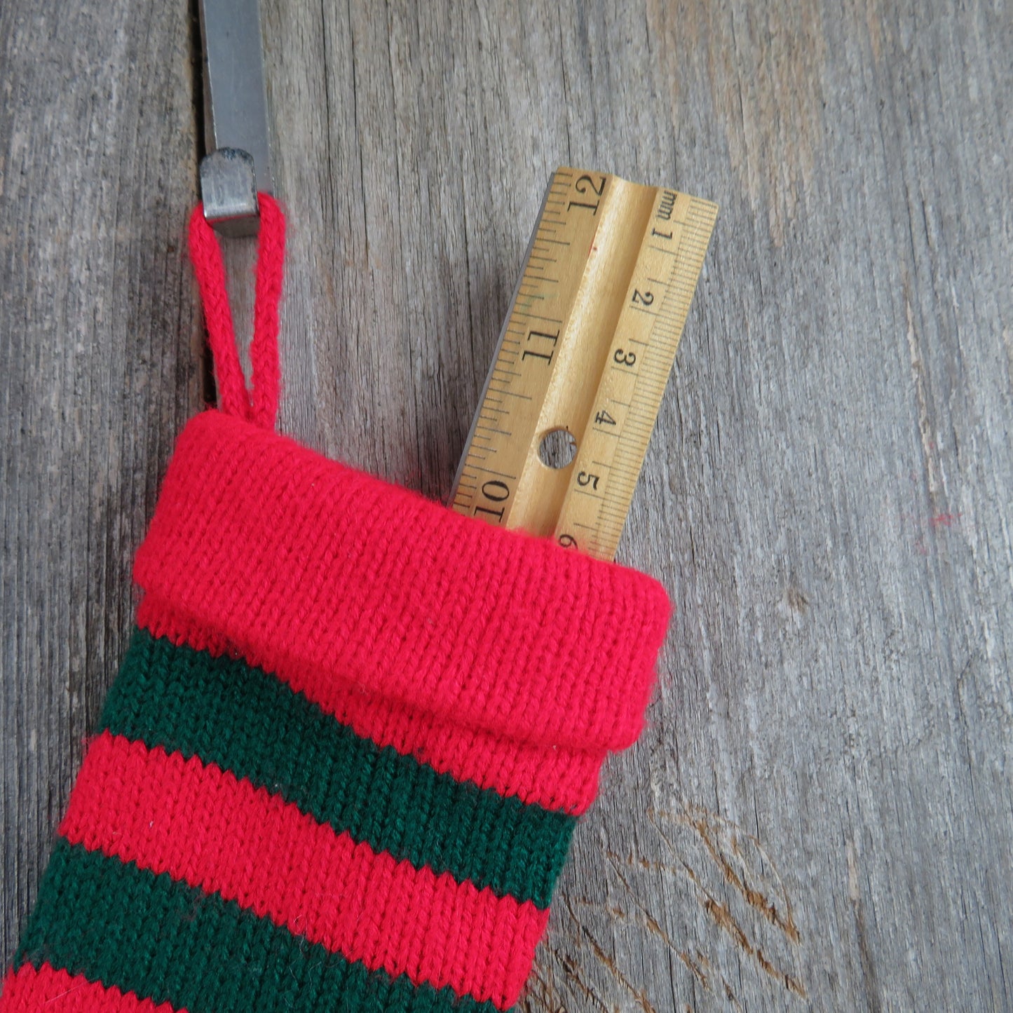 Vintage Mini Christmas Stocking Knitted Knit Striped Red Green Pet Gift Bag - At Grandma's Table