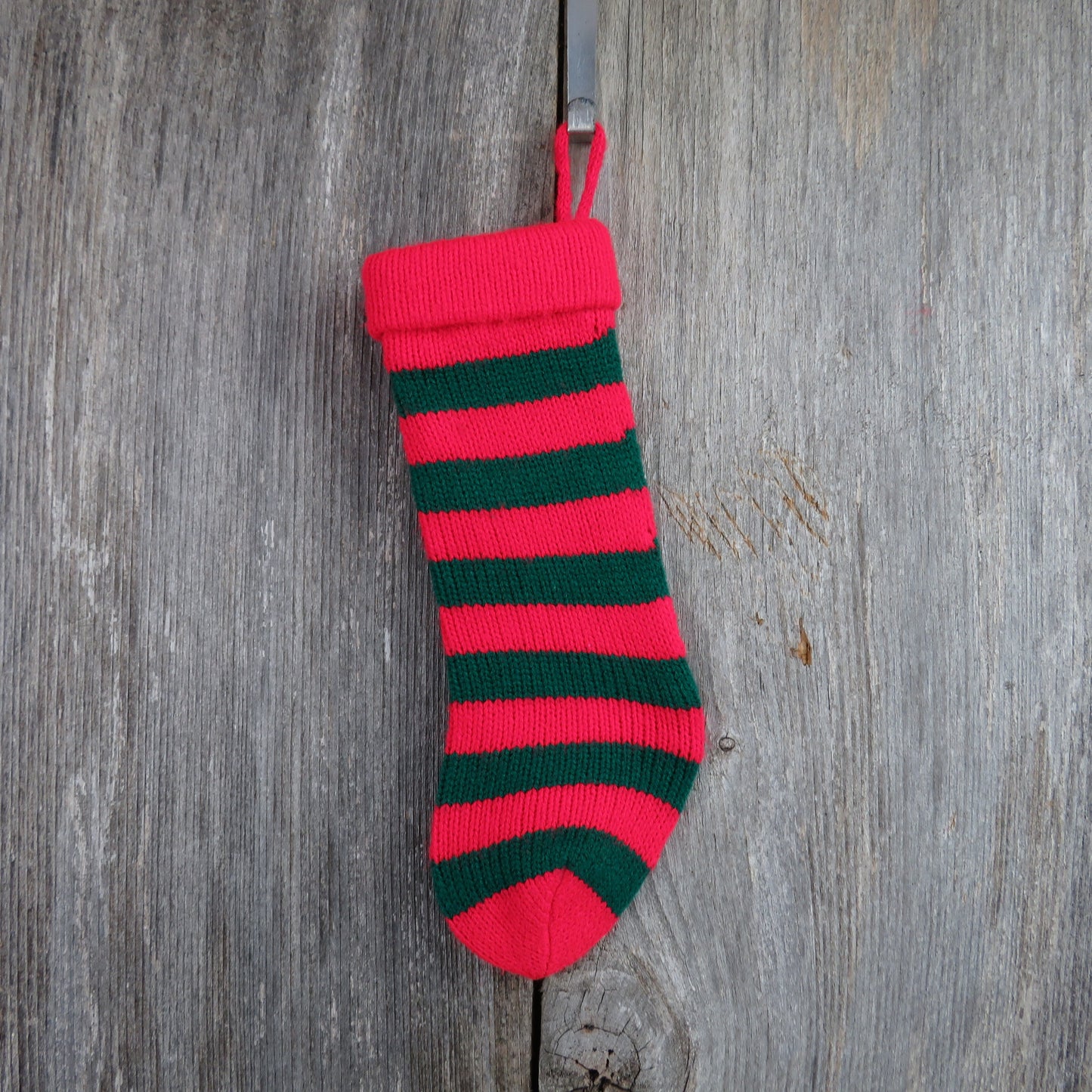 Vintage Mini Christmas Stocking Knitted Knit Striped Red Green Pet Gift Bag - At Grandma's Table