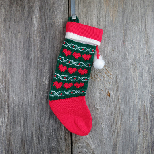 Vintage Mini Heart Christmas Stocking Knitted Knit Red Green Pet Gift Bag - At Grandma's Table