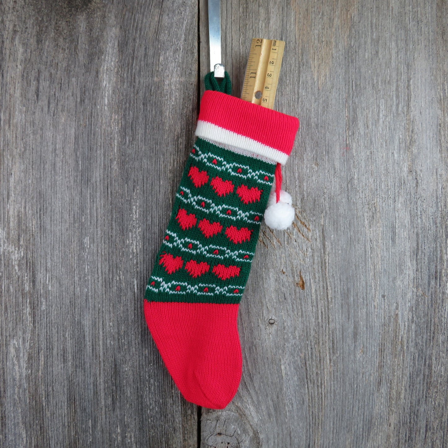 Vintage Mini Heart Christmas Stocking Knitted Knit Red Green Pet Gift Bag - At Grandma's Table