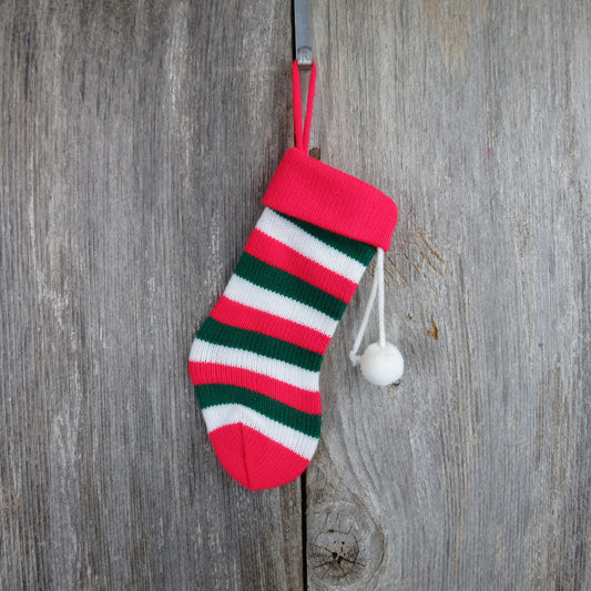 Vintage Mini Christmas Stocking Knitted Knit Pom Pom Striped White Red Green - At Grandma's Table