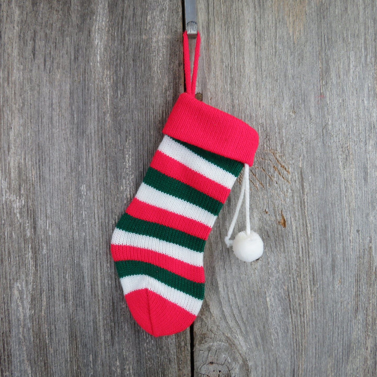 Vintage Mini Christmas Stocking Knitted Knit Pom Pom Striped White Red Green - At Grandma's Table