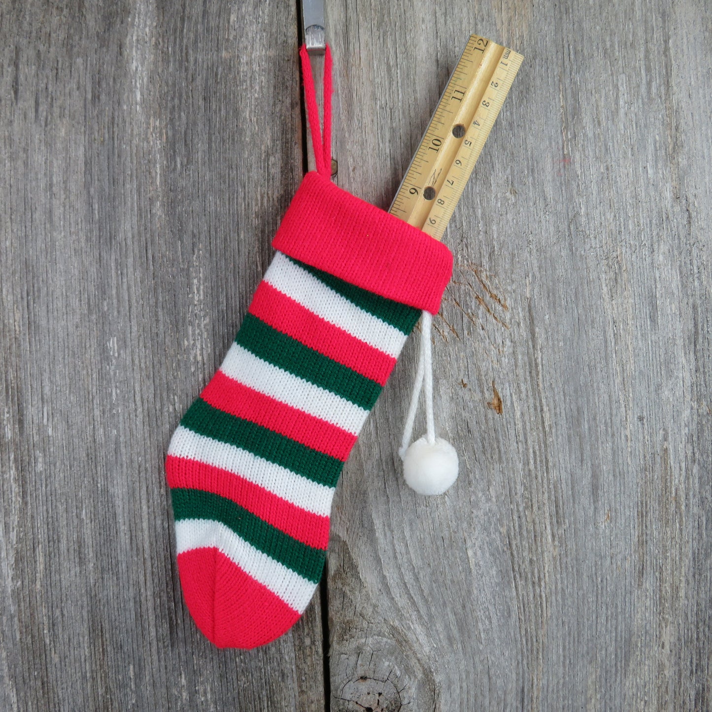 Vintage Mini Christmas Stocking Knitted Knit Pom Pom Striped White Red Green - At Grandma's Table