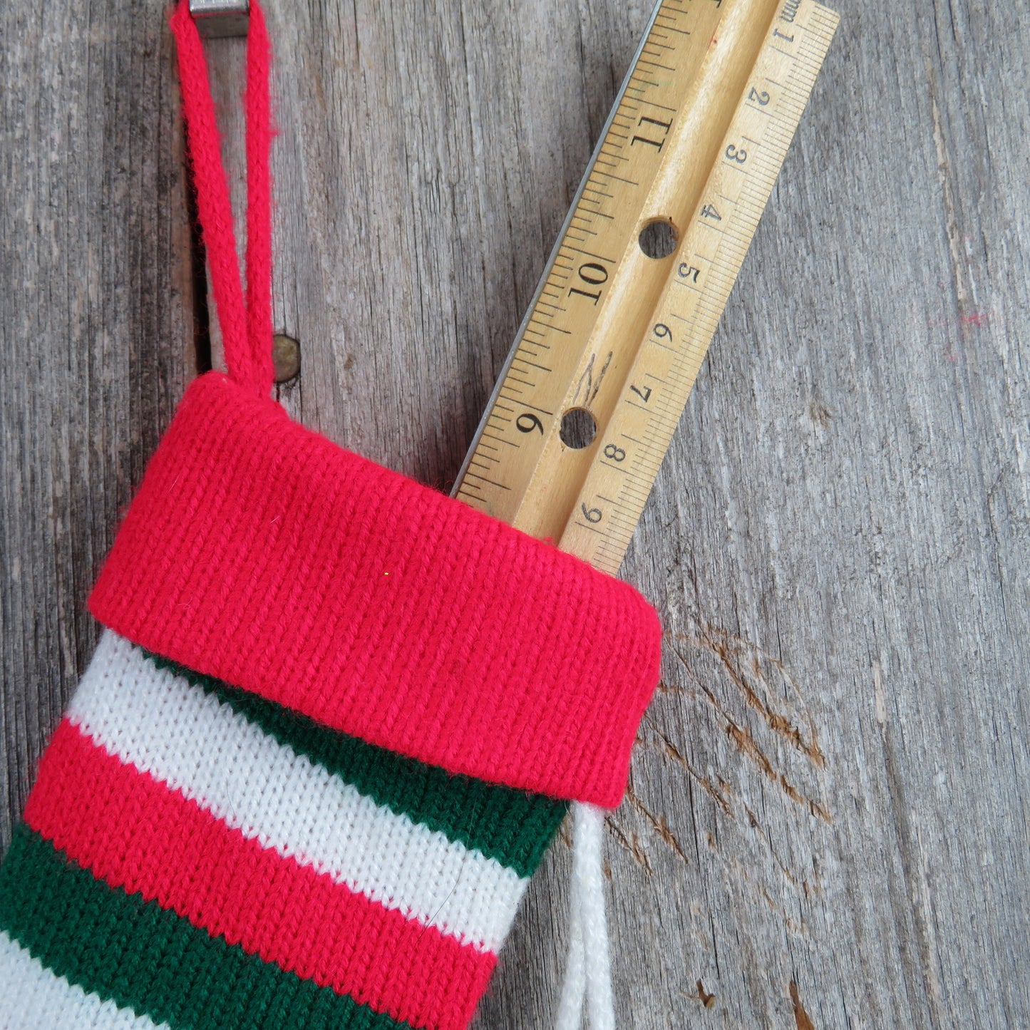 Vintage Mini Christmas Stocking Knitted Knit Pom Pom Striped White Red Green - At Grandma's Table