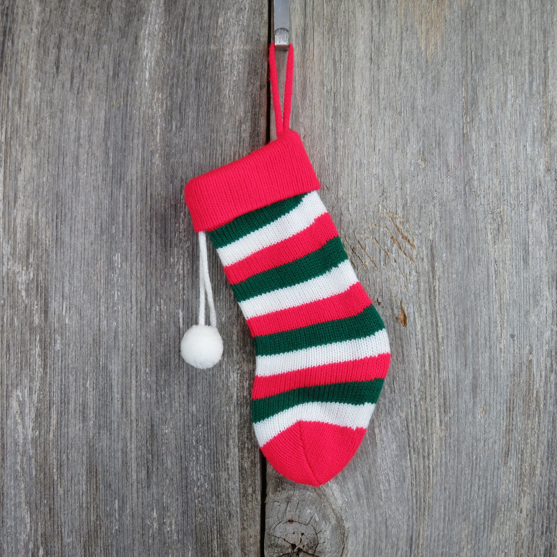 Vintage Mini Christmas Stocking Knitted Knit Pom Pom Striped White Red Green - At Grandma's Table