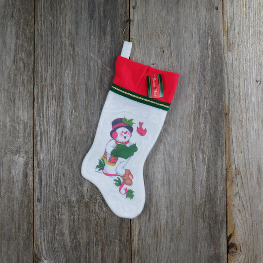 Vintage Snowman Stocking Christmas Caroling Singing Felt Santa's Best Rabbit Birds Broom Top Hat White Fuzzy Red Green Fleece Gold Trim