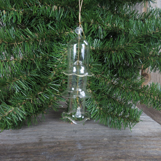 Vintage Tiered Glass Bell Ornament Scallop Edged Graduated 3 Tier Nesting Bell Gold Cord Stacked Bell Ornament - At Grandma's Table