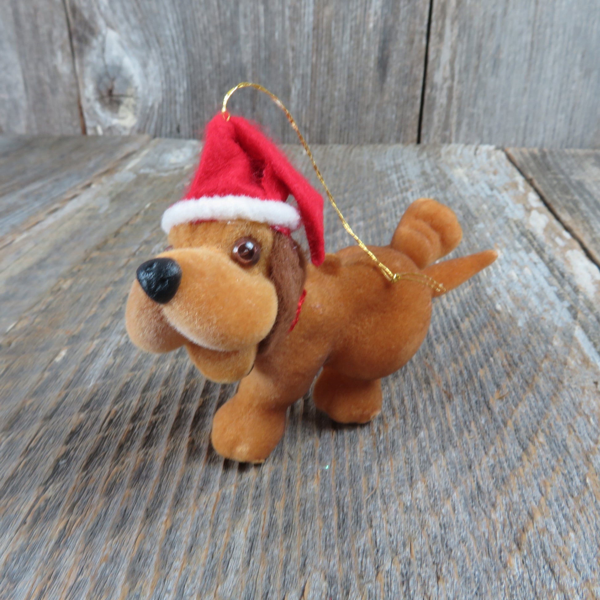 Vintage Flocked Dog Ornament Christmas Puppy Santa Hat Brown Happy Running Bell Holiday Decor - At Grandma's Table
