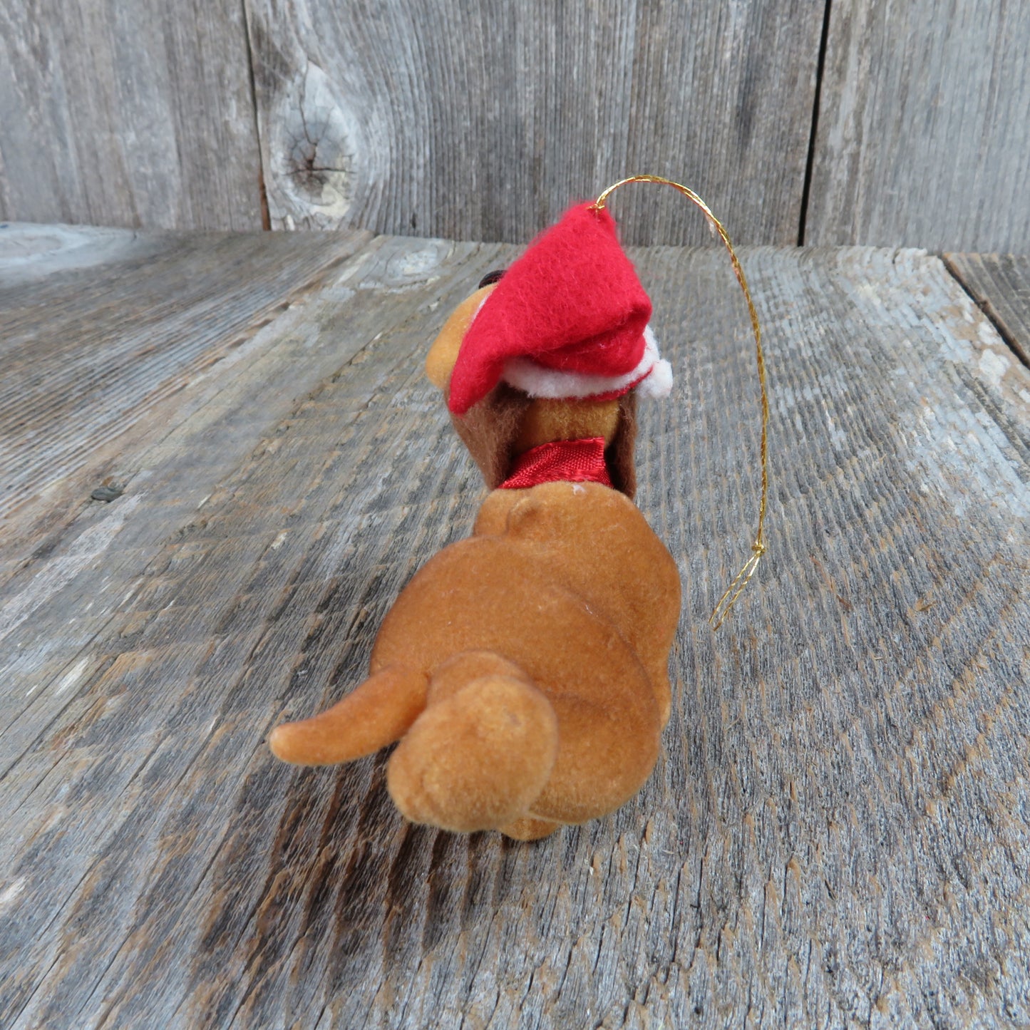 Vintage Flocked Dog Ornament Christmas Puppy Santa Hat Brown Happy Running Bell Holiday Decor - At Grandma's Table