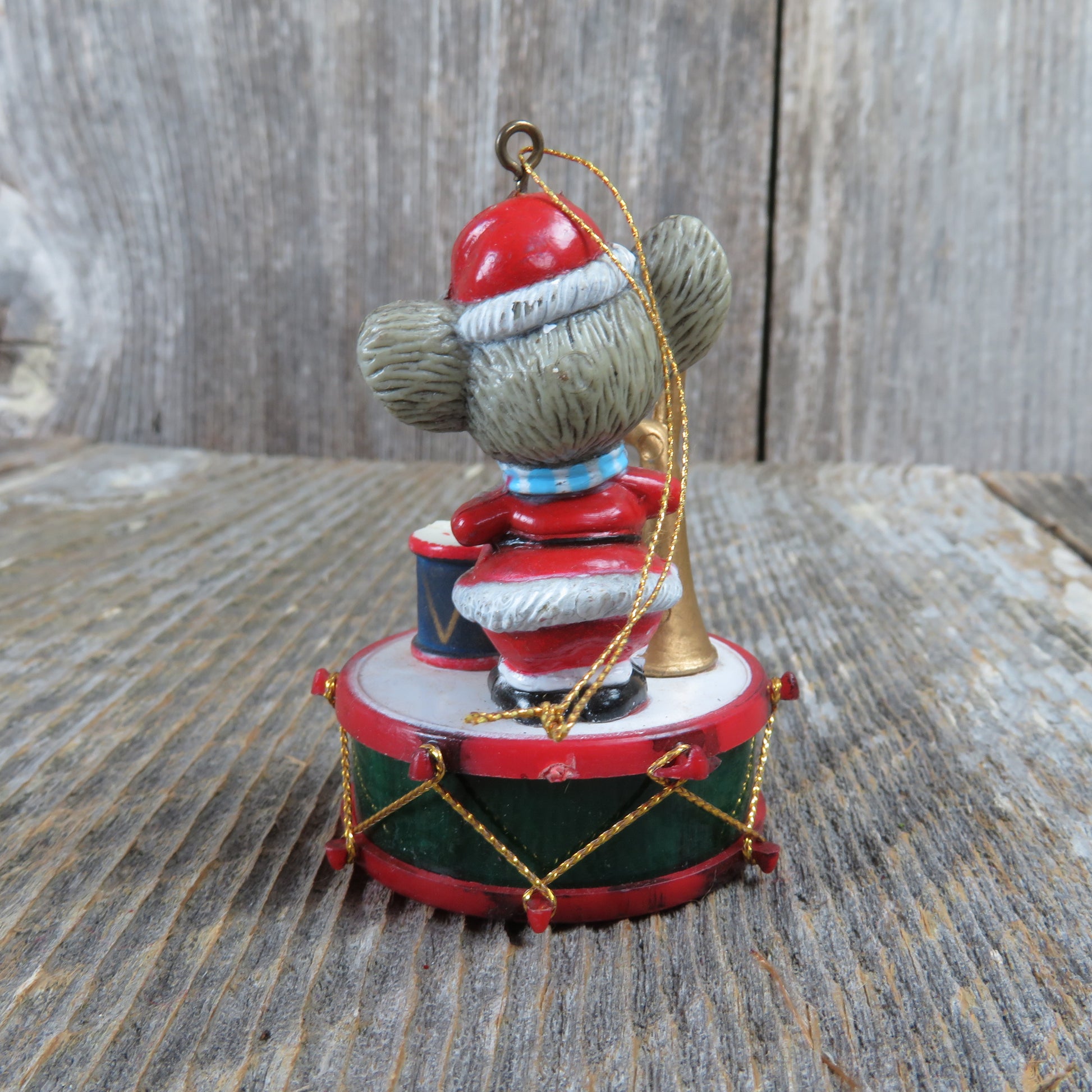 Vintage Mouse Drum Horn Christmas Ornament Plastic Trumpet Santa Suit Holiday Decor - At Grandma's Table