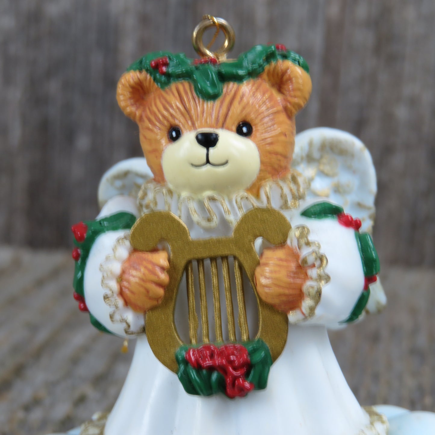 Vintage Teddy Bear Angel on a Cloud Ornament Christmas Figurine 1987 Enesco Lucy Rigg Harp Holiday Decor - At Grandma's Table