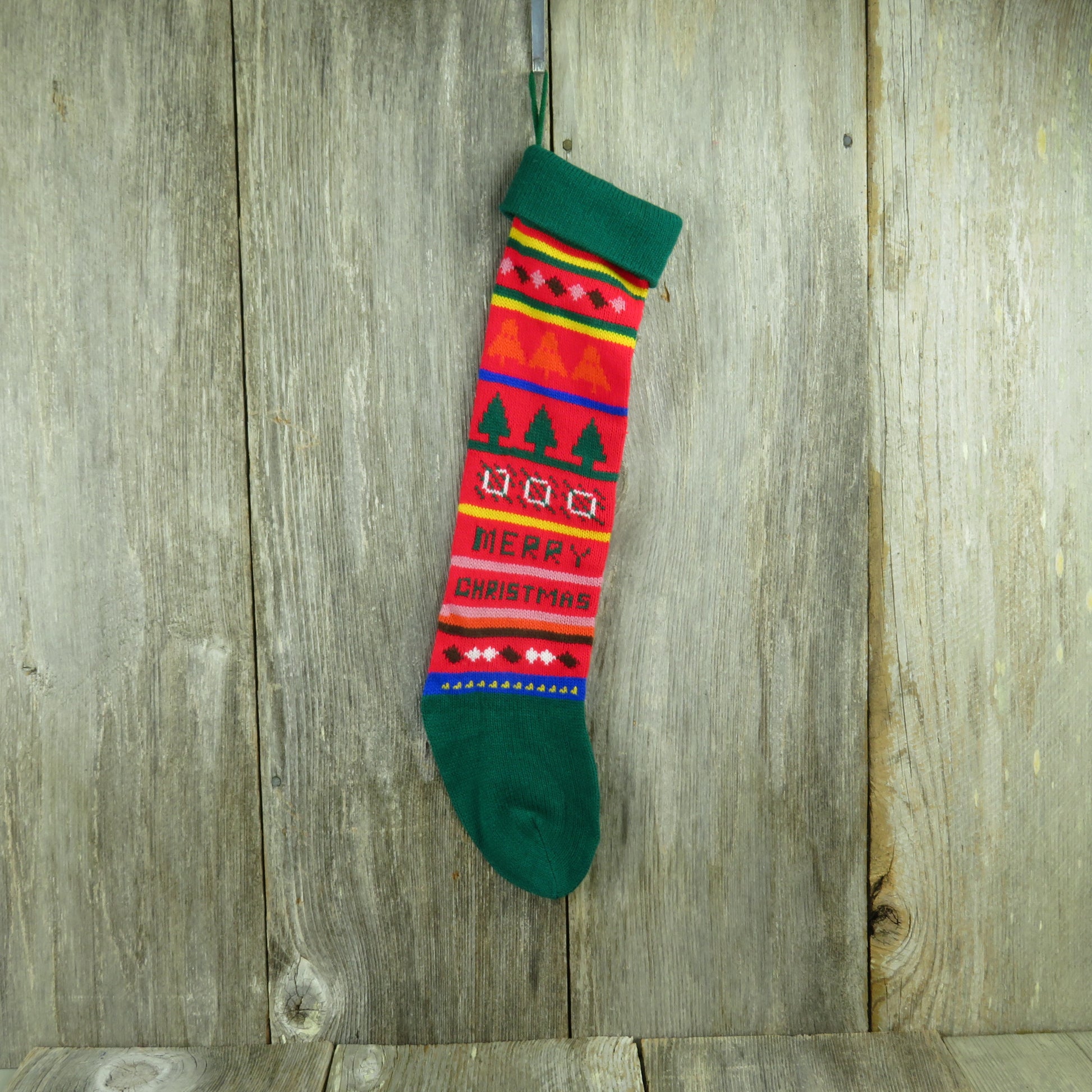 Vintage Merry Christmas Knit Stocking Striped Trees Bold Blue Red Yellow 80s - At Grandma's Table