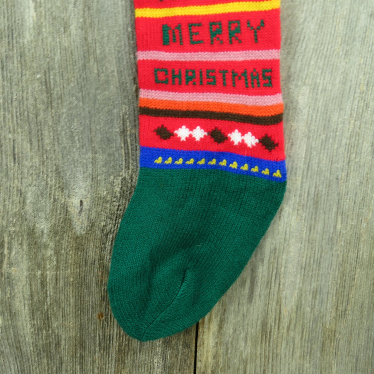 Vintage Merry Christmas Knit Stocking Striped Trees Bold Blue Red Yellow 80s - At Grandma's Table