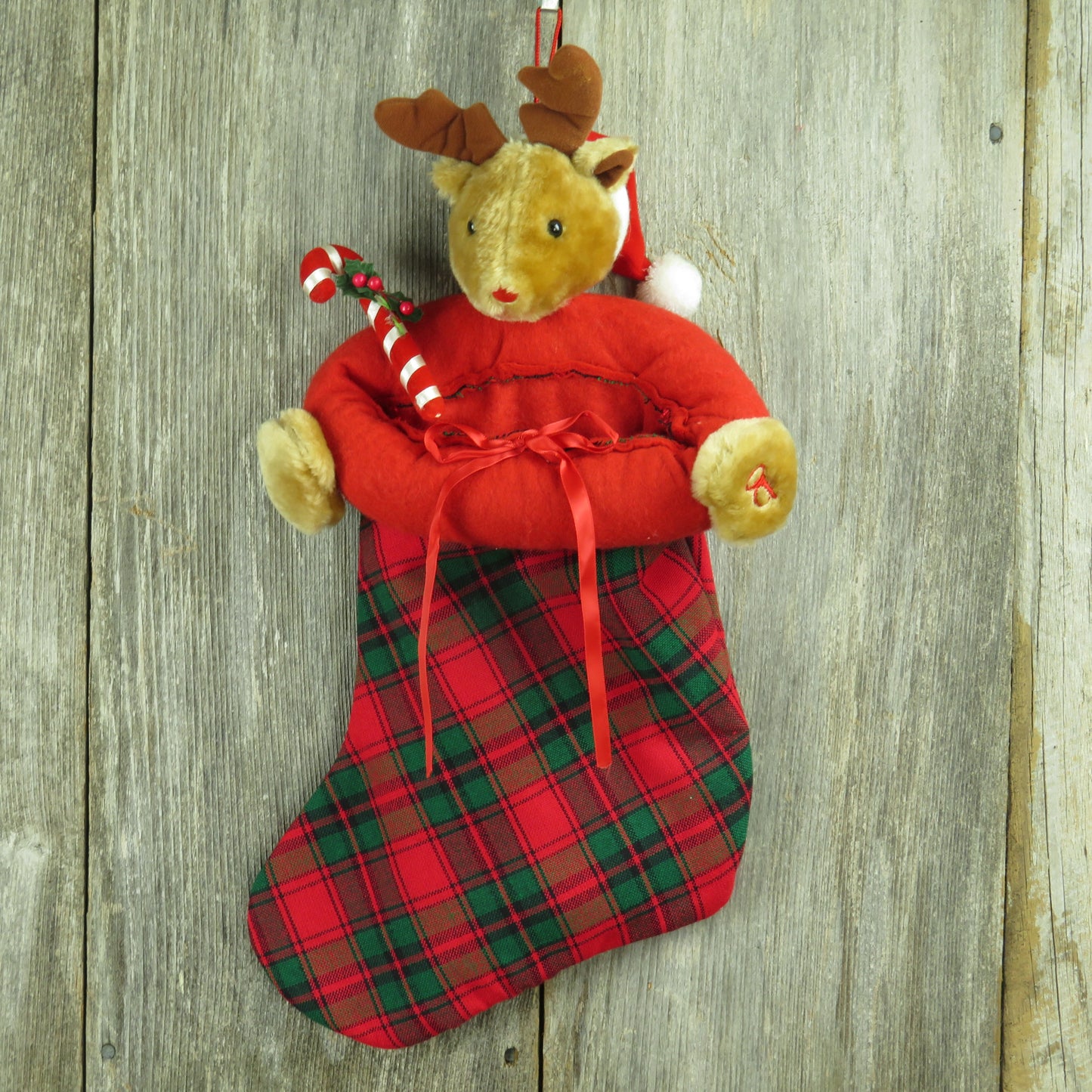 Vintage Reindeer Plaid Plush Christmas Stocking Red Green Candy Cane - At Grandma's Table