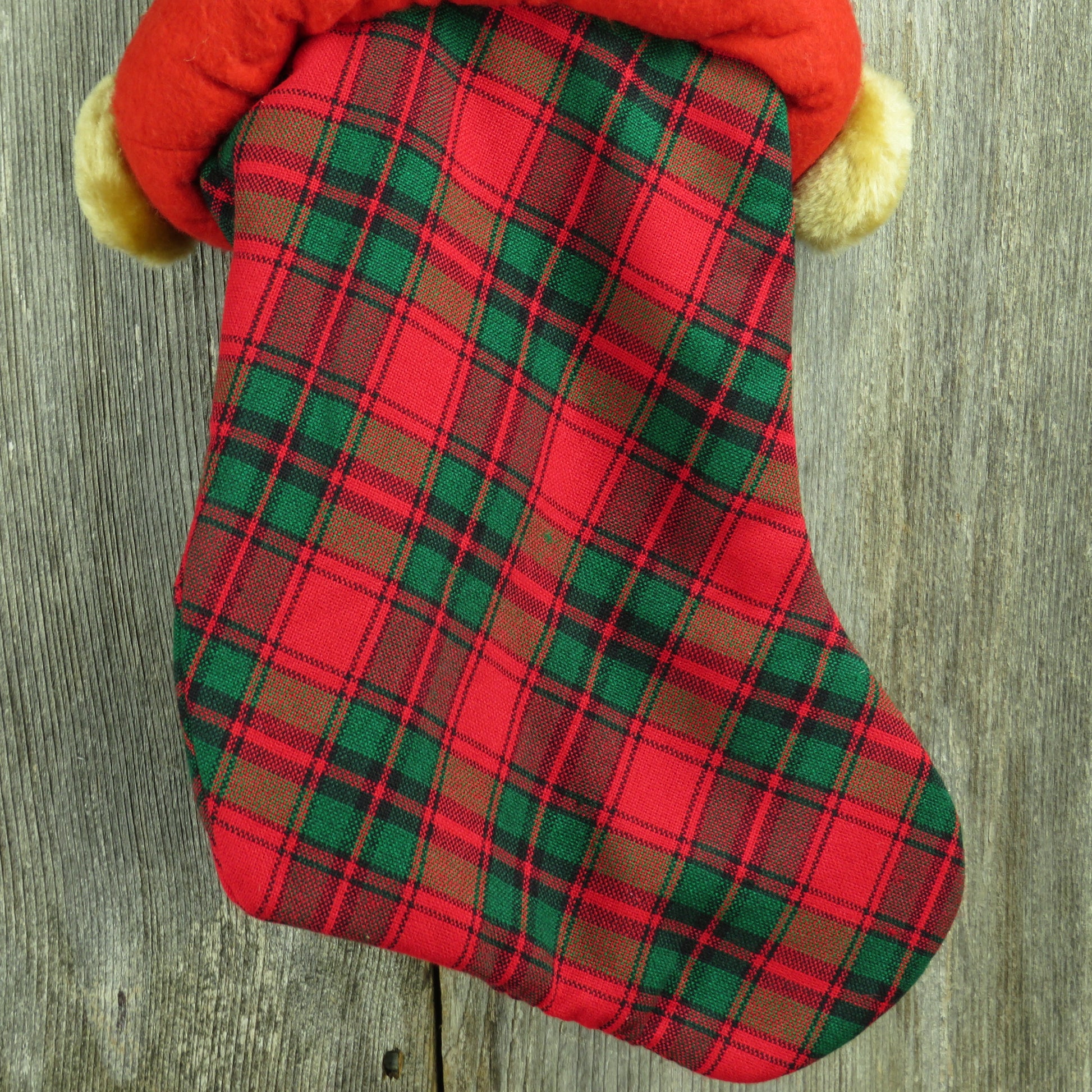 Vintage Reindeer Plaid Plush Christmas Stocking Red Green Candy Cane - At Grandma's Table