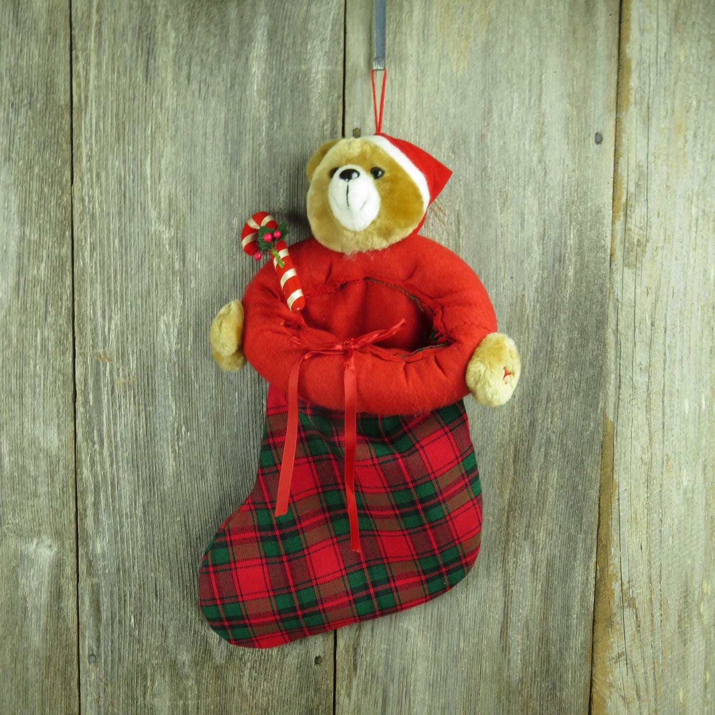 Vintage Teddy Bear Plaid Plush Christmas Stocking Red Green Candy Cane - At Grandma's Table