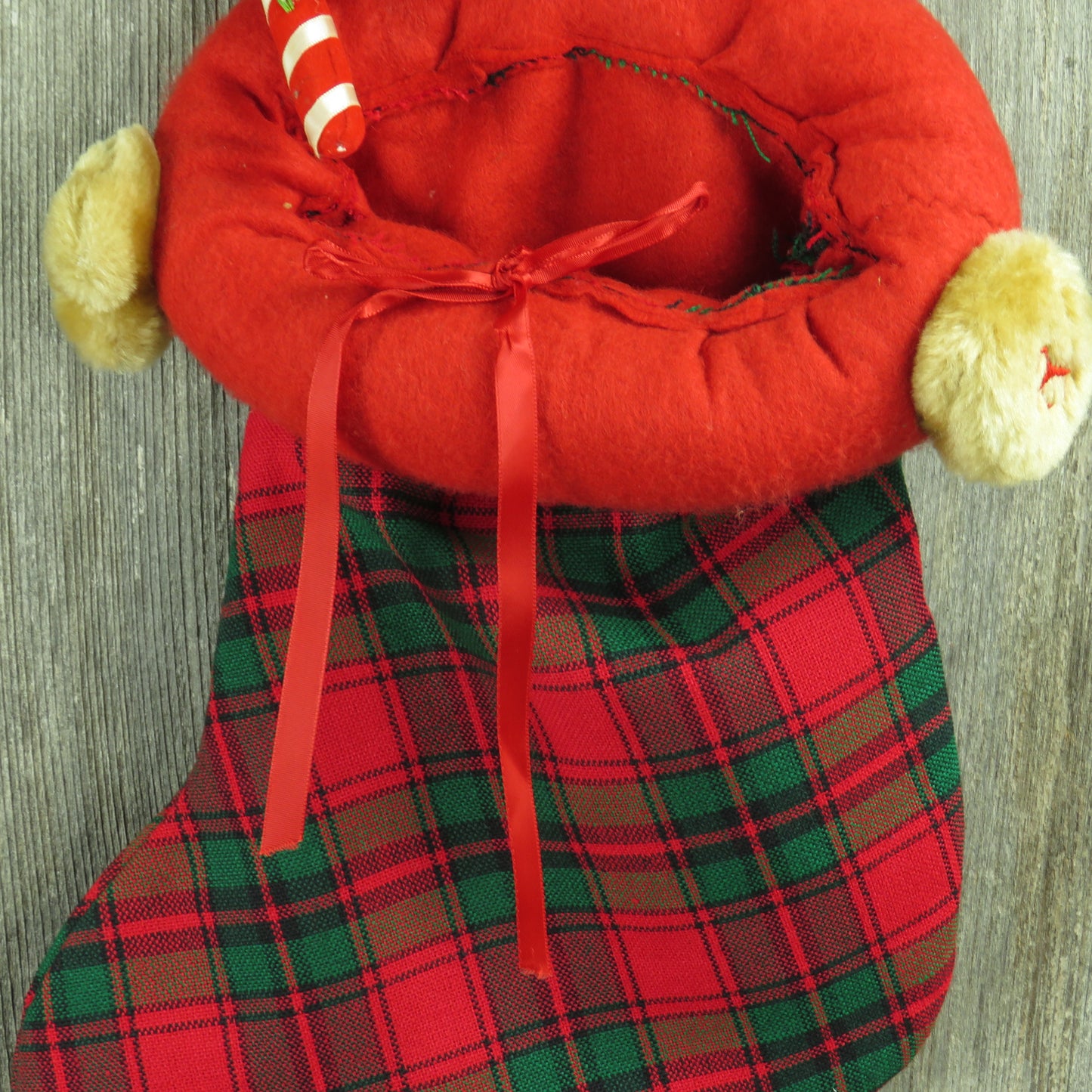 Vintage Teddy Bear Plaid Plush Christmas Stocking Red Green Candy Cane - At Grandma's Table