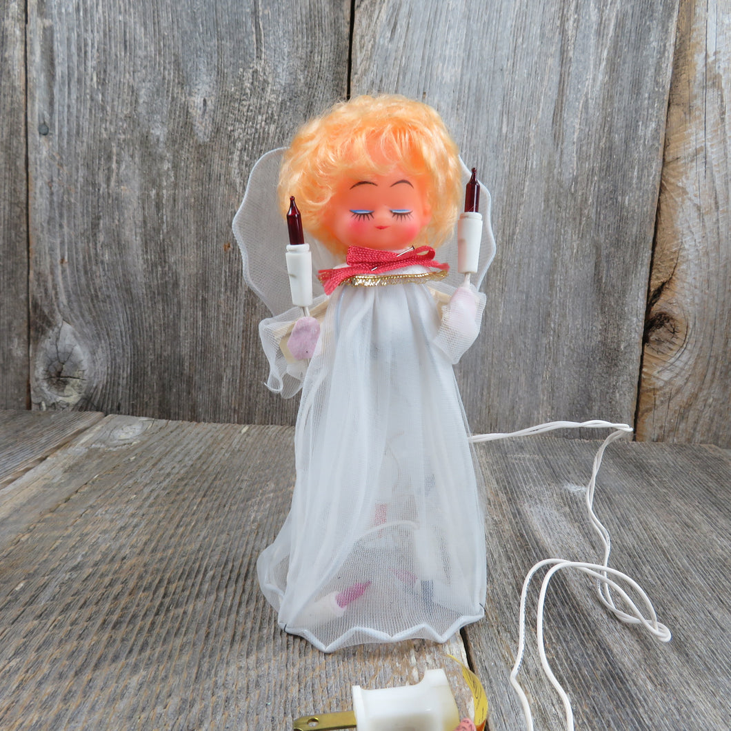 Vintage Angel Tree Topper Christmas White Dress Eyes Closed Golden Blond Hair Sleeping Red Lights