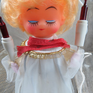 Vintage Angel Tree Topper Christmas White Dress Eyes Closed Golden Blond Hair Sleeping Red Lights