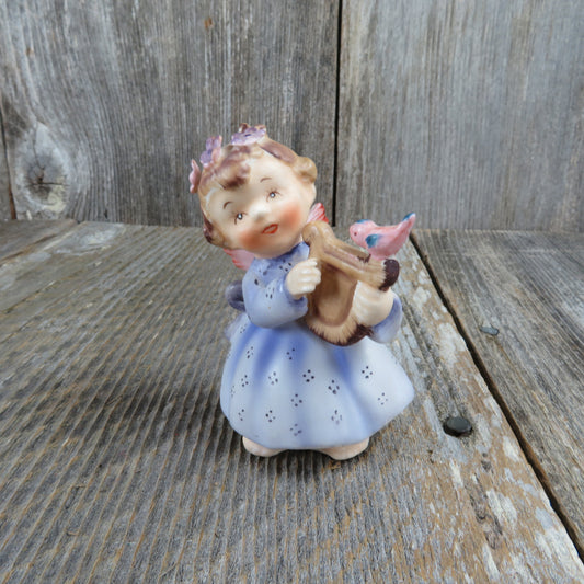 Angel Figurine Lefton Harp Blue Dress Vintage Spring Musical Bird 149 Flower in Hair Pink Wing - At Grandma's Table