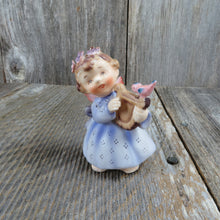 Load image into Gallery viewer, Angel Figurine Lefton Harp Blue Dress Vintage Spring Musical Bird 149 Flower in Hair Pink Wing - At Grandma&#39;s Table