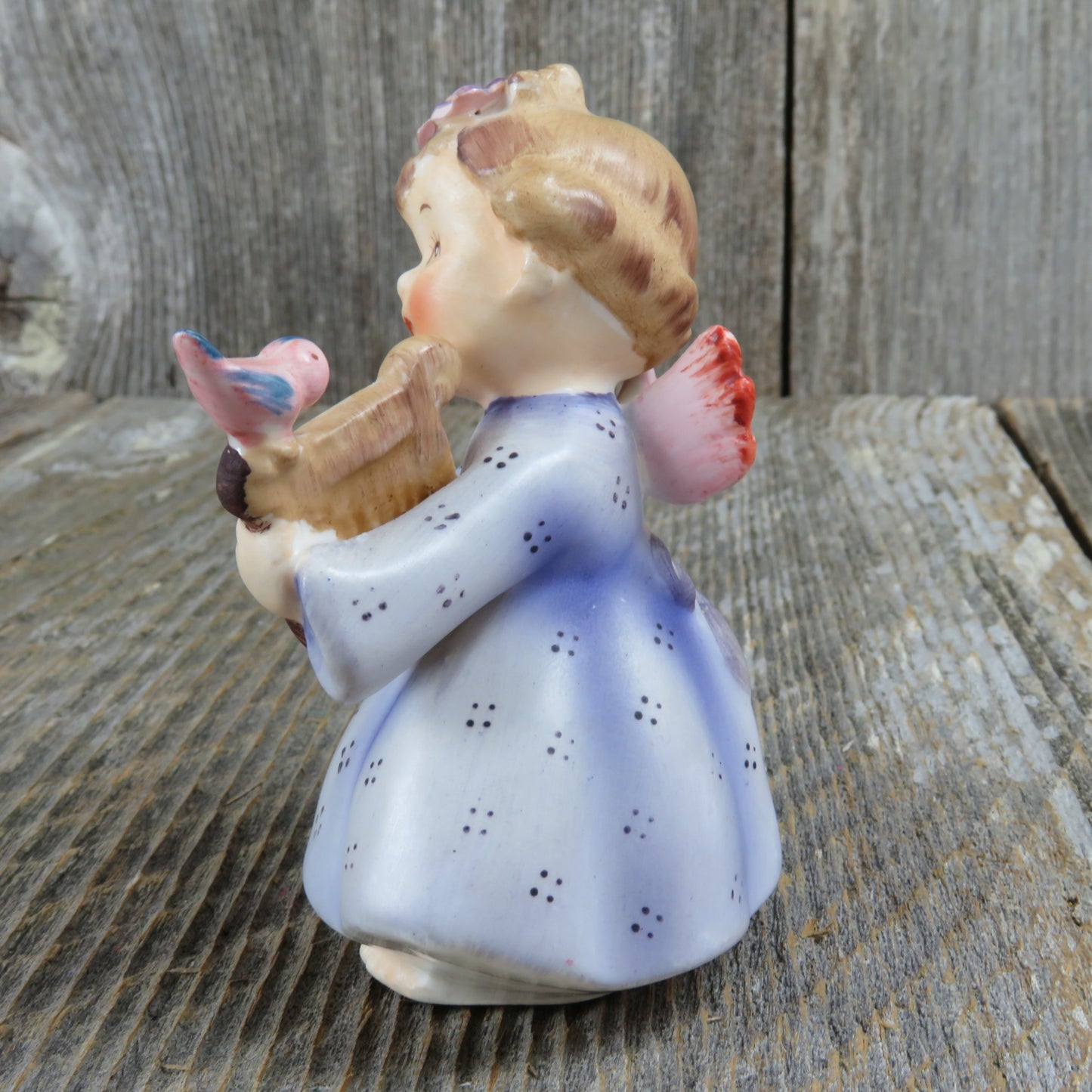 Angel Figurine Lefton Harp Blue Dress Vintage Spring Musical Bird 149 Flower in Hair Pink Wing - At Grandma's Table