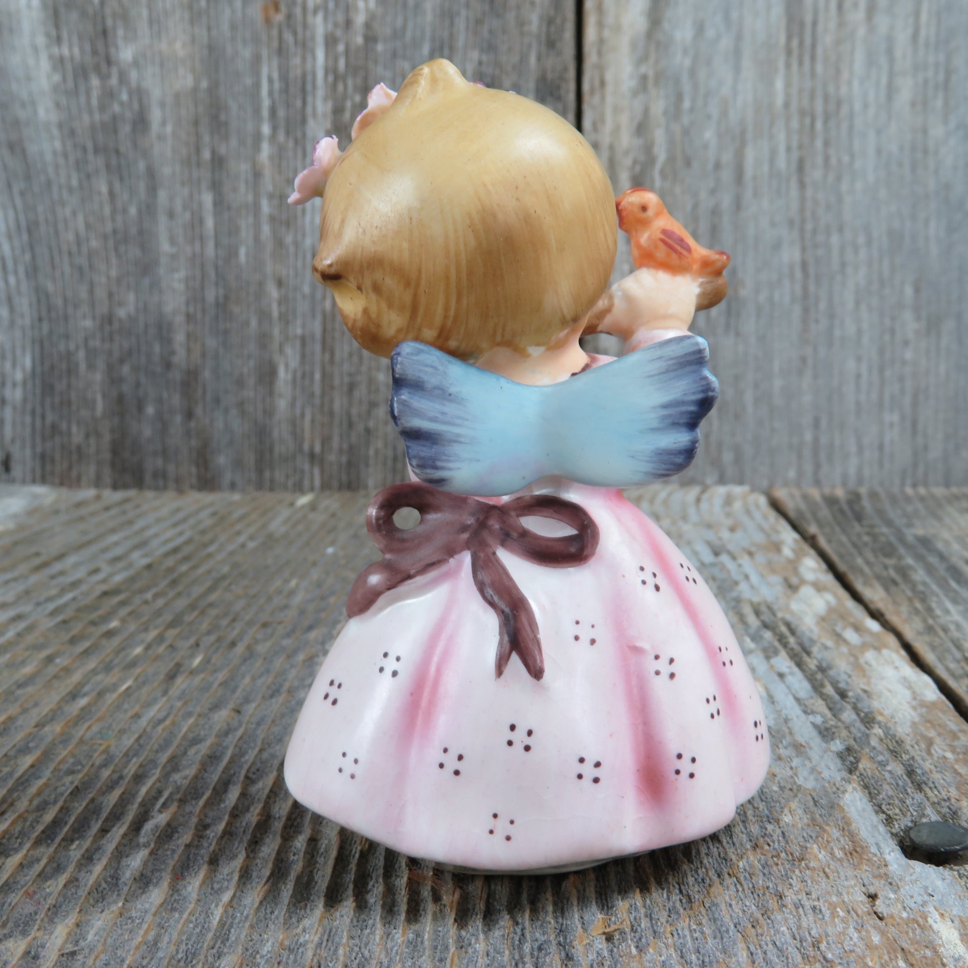 Angel Figurine Lefton Flute Pink Dress Vintage Spring Musical Bird 149 Flower in Hair Blue Wing - At Grandma's Table