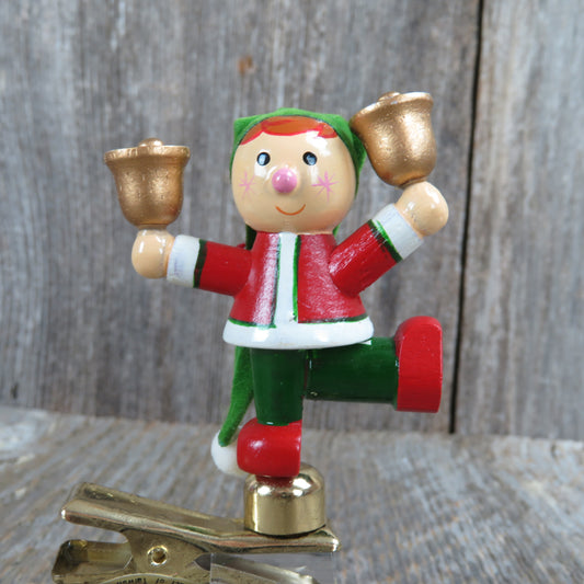 Vintage Jester Elf Bell Ringer Wooden Ornament Dakin Clip Christmas Wood 1985 - At Grandma's Table