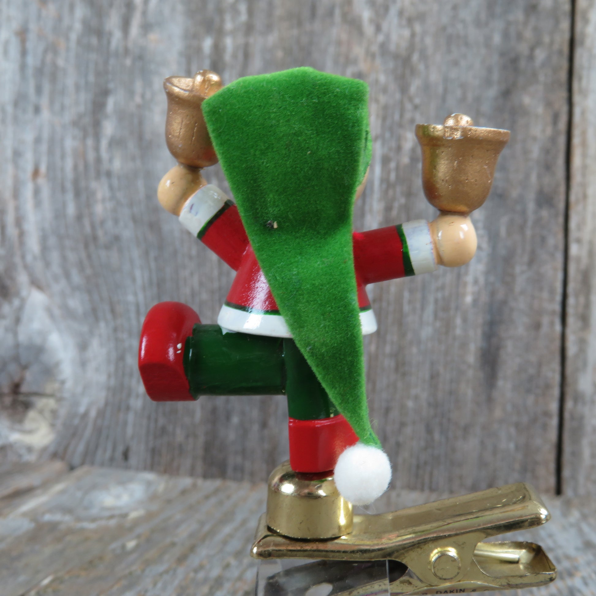 Vintage Jester Elf Bell Ringer Wooden Ornament Dakin Clip Christmas Wood 1985 - At Grandma's Table