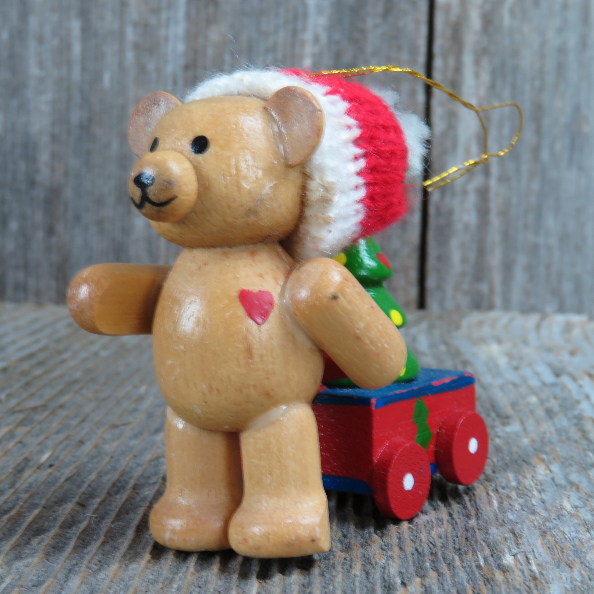 Vintage Teddy Bear with Toy Wagon Wood Christmas Ornament Tree Wooden Knit Hat - At Grandma's Table