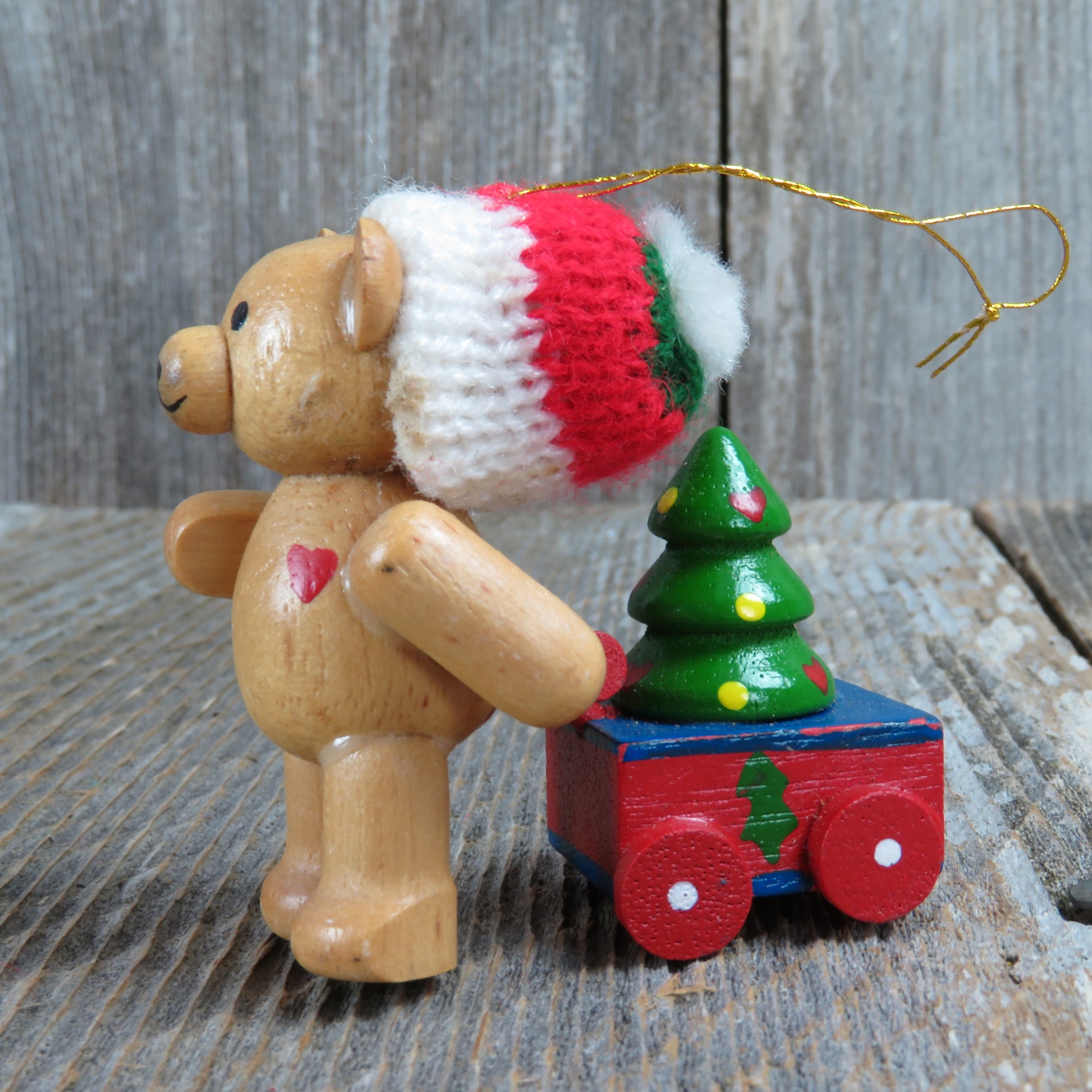 Vintage Teddy Bear with Toy Wagon Wood Christmas Ornament Tree Wooden Knit Hat - At Grandma's Table