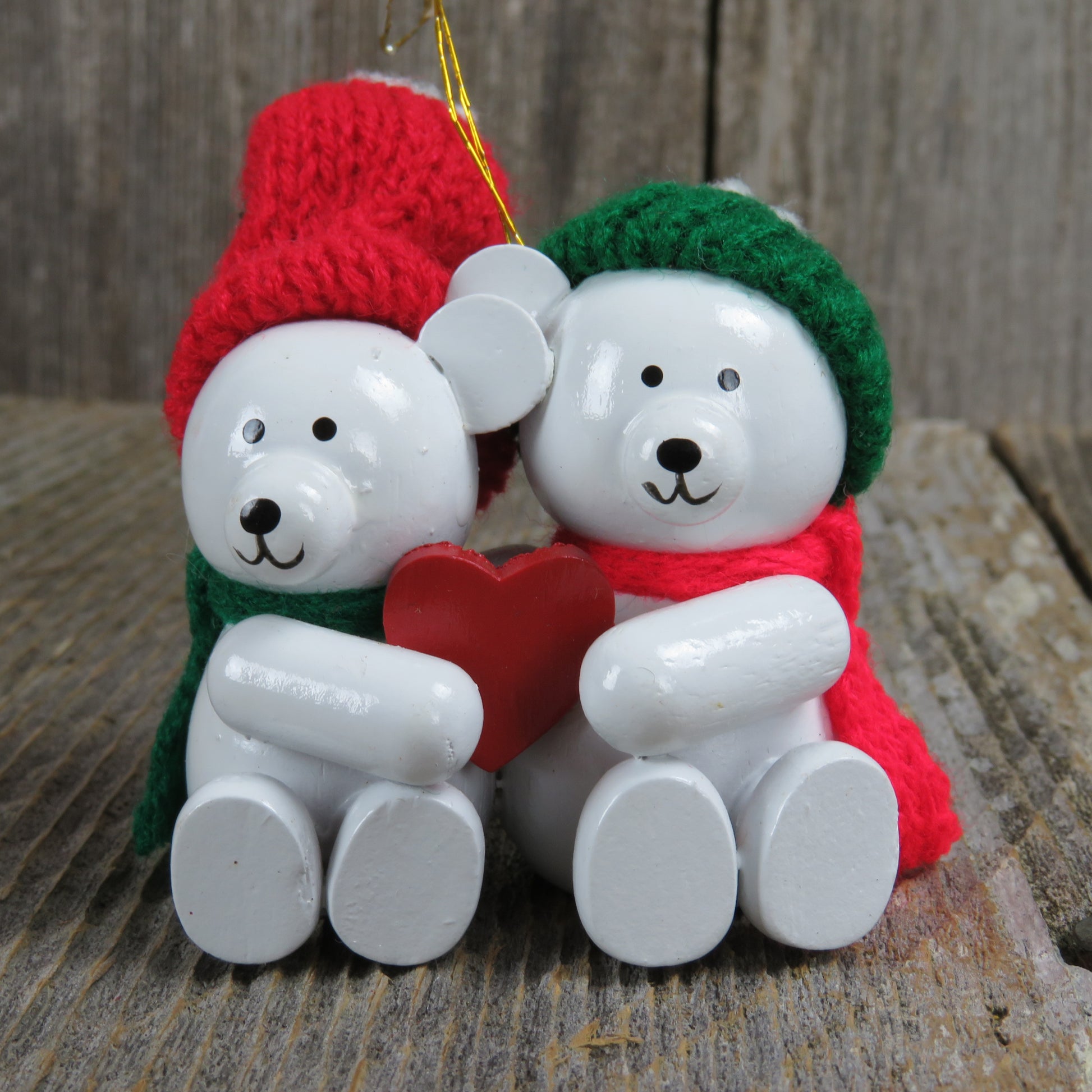 Vintage Sweetheart Teddy Bears Wood Christmas Ornament Heart Wooden Knit Hat - At Grandma's Table