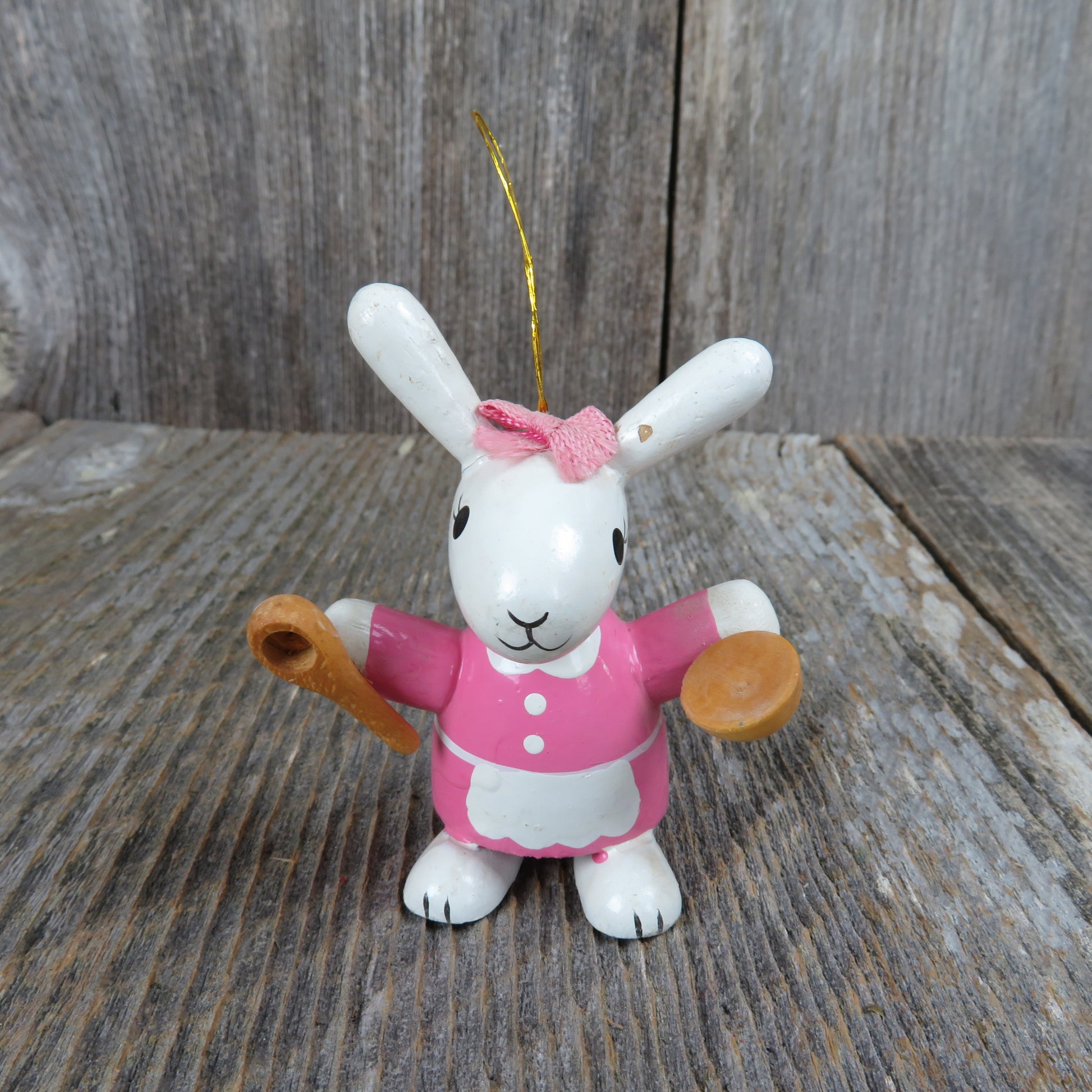 Vintage Bunny Rabbit Baker Ornament Wooden Christmas Wood Pink Easter White Girl - At Grandma's Table