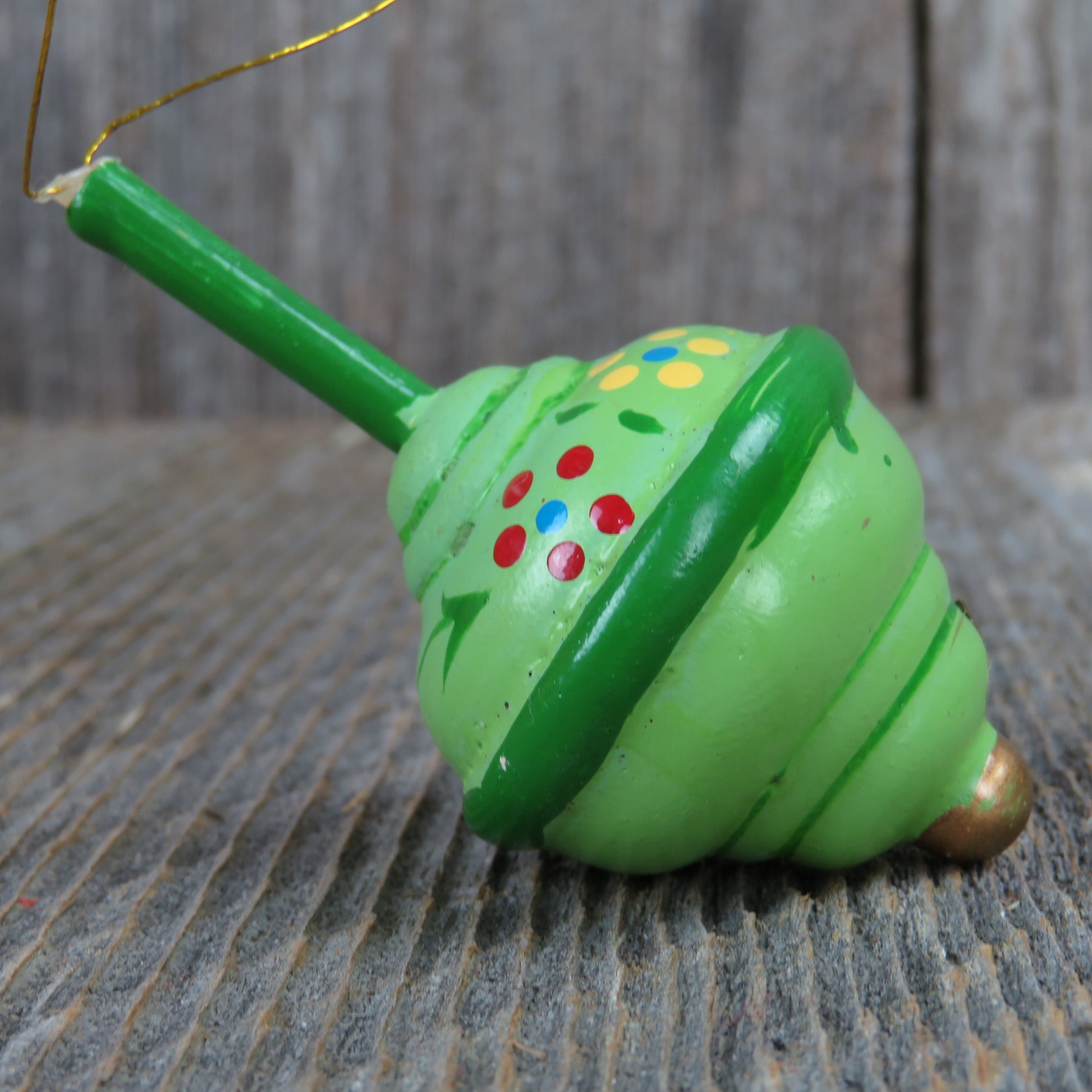 Vintage Spinning Top Toy Ornament Wooden Christmas Green Wood Child Play Taiwan - At Grandma's Table