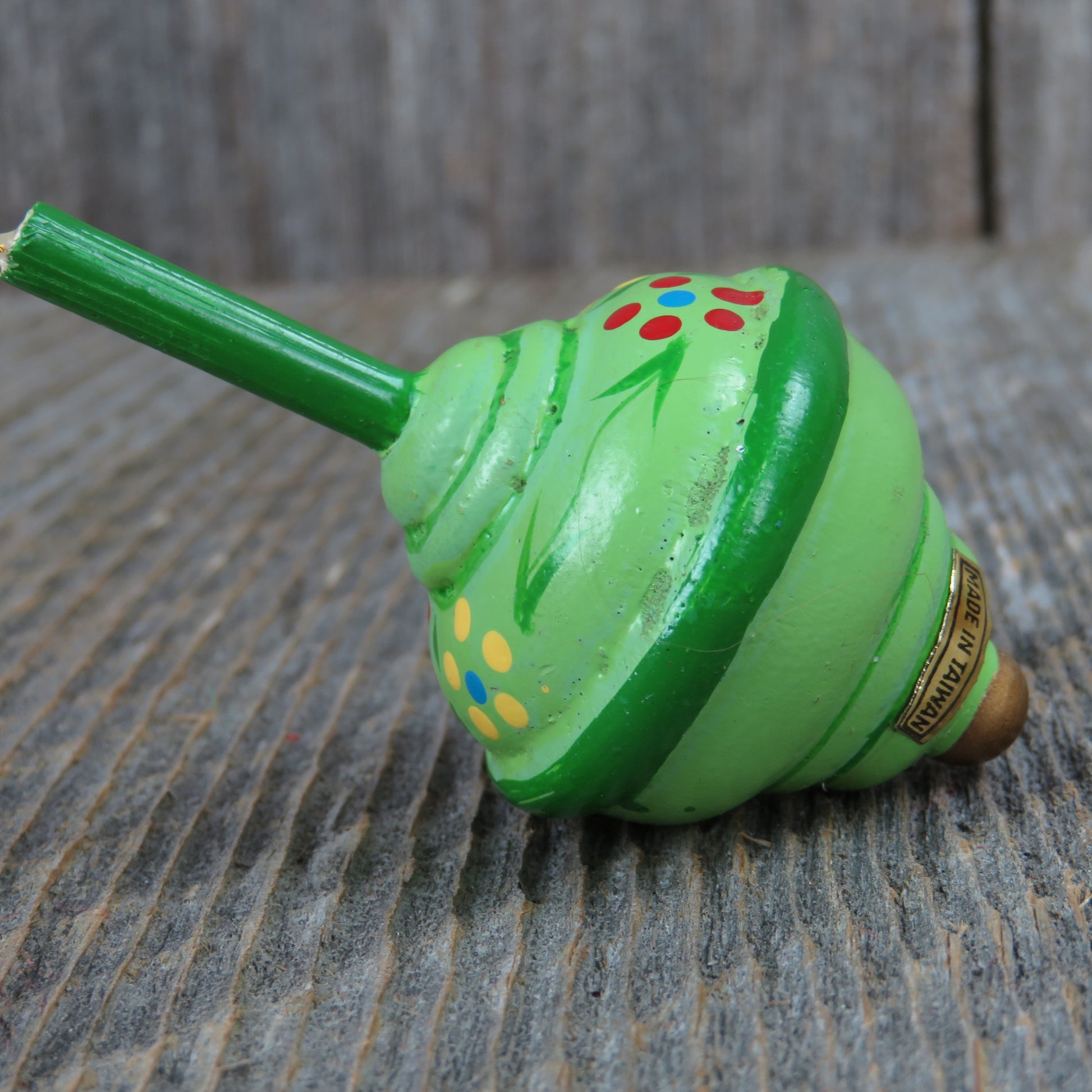 Vintage Spinning Top Toy Ornament Wooden Christmas Green Wood Child Play Taiwan - At Grandma's Table