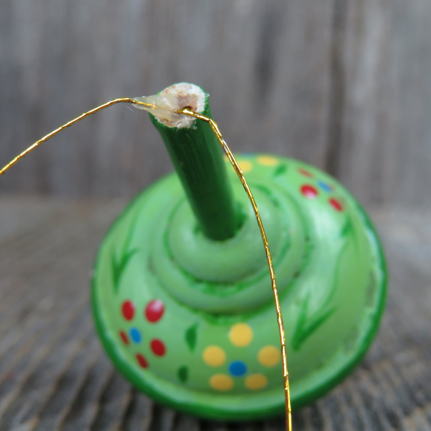 Vintage Spinning Top Toy Ornament Wooden Christmas Green Wood Child Play Taiwan - At Grandma's Table