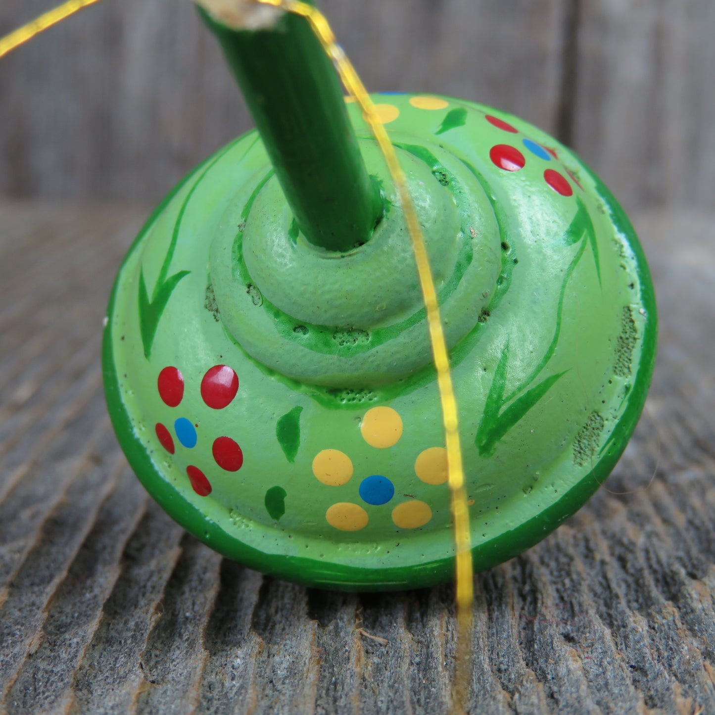 Vintage Spinning Top Toy Ornament Wooden Christmas Green Wood Child Play Taiwan - At Grandma's Table