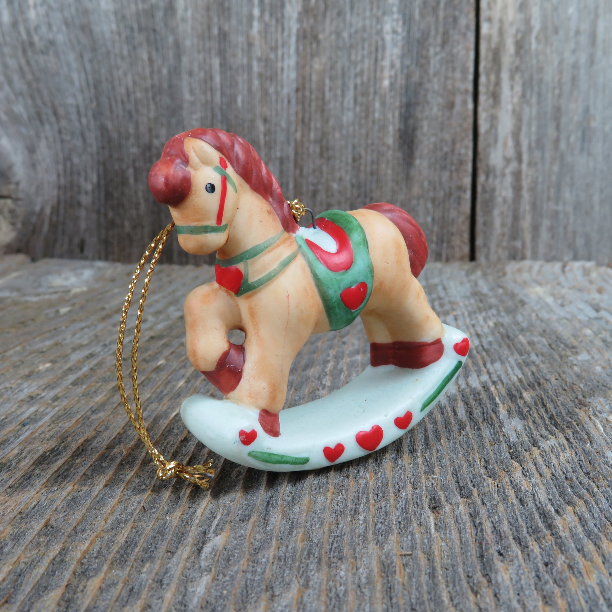 Rocking Horse Ceramic Ornament Russ Vintage Pony Bisque Red Green Hearts Taiwan - At Grandma's Table