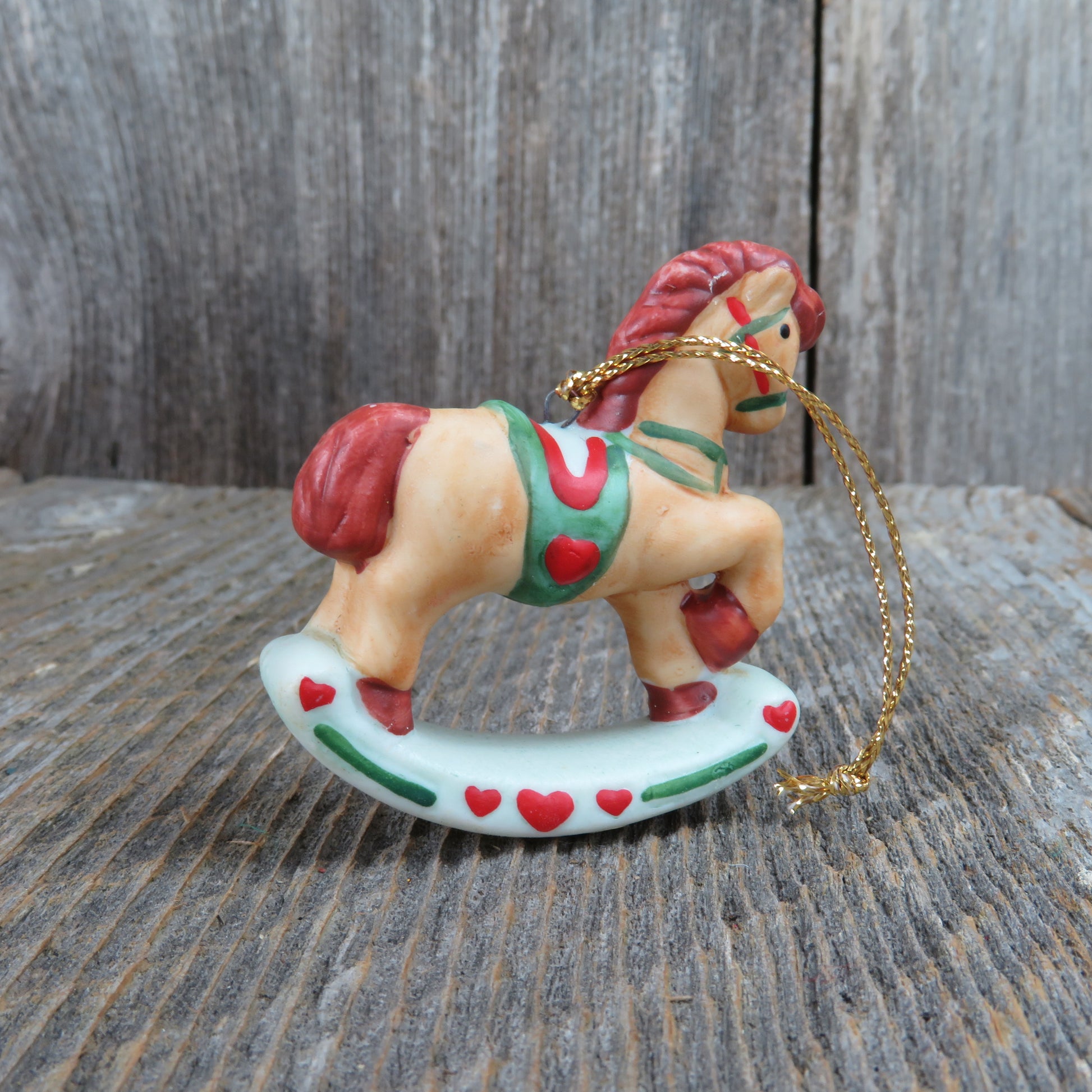 Rocking Horse Ceramic Ornament Russ Vintage Pony Bisque Red Green Hearts Taiwan - At Grandma's Table