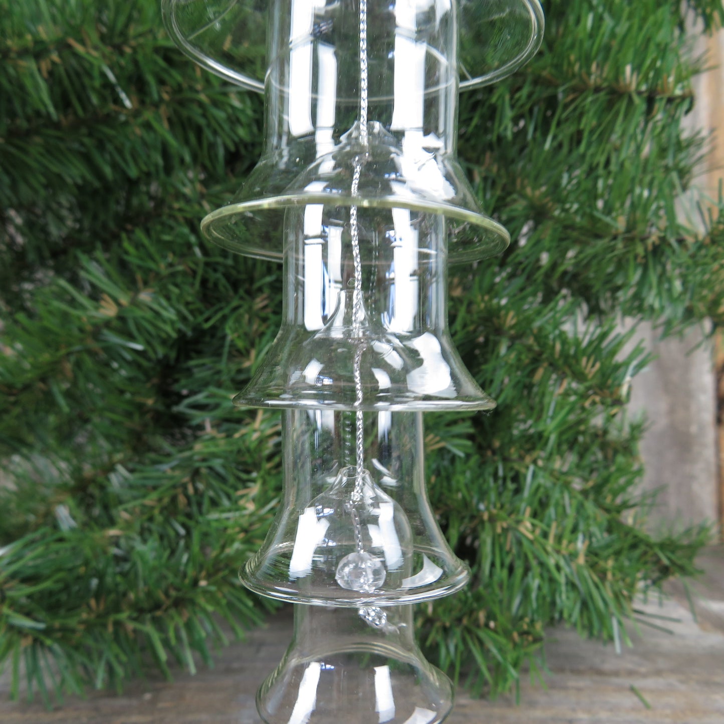 Vintage Glass Tiered Bell Ornament Smooth Edged Nesting Graduated Silver Cord Tier Stacked Bell Ornament