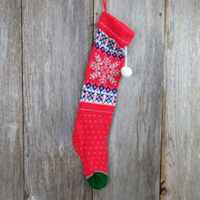 Load image into Gallery viewer, Snowflake Christmas Stocking Vintage Knit Red Silver Glitter Thread Knitted 1980s - At Grandma&#39;s Table