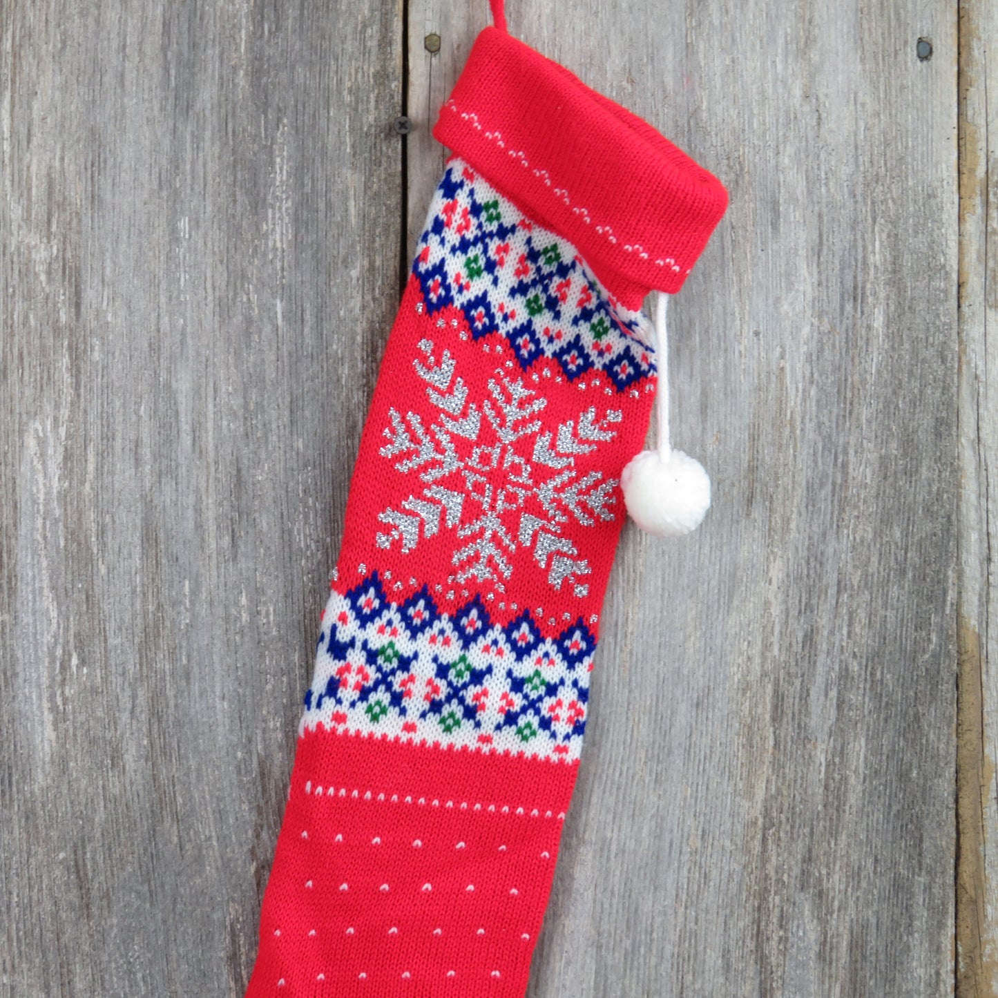 Snowflake Christmas Stocking Vintage Knit Red Silver Glitter Thread Knitted 1980s - At Grandma's Table