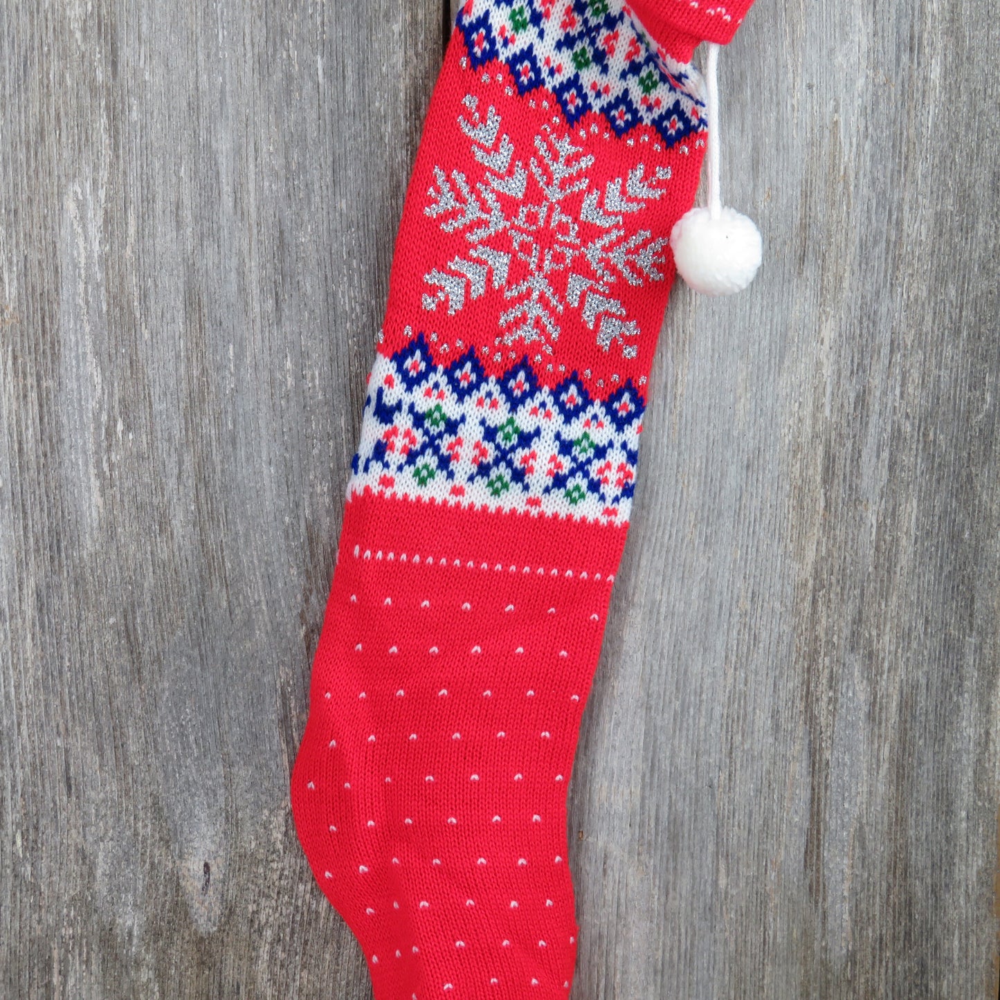 Snowflake Christmas Stocking Vintage Knit Red Silver Glitter Thread Knitted 1980s - At Grandma's Table